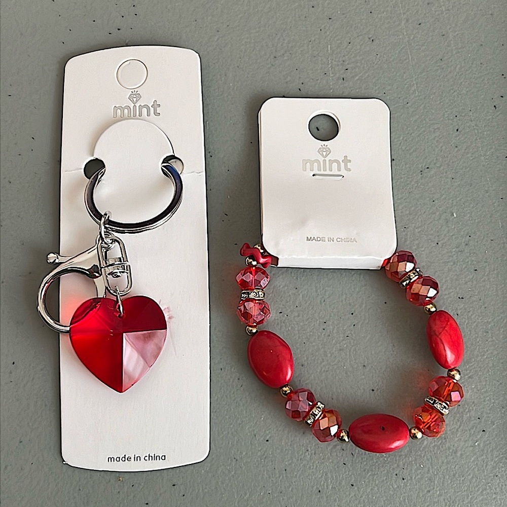 Heart Keychain & Stretchy Beaded Bracelet NWT
